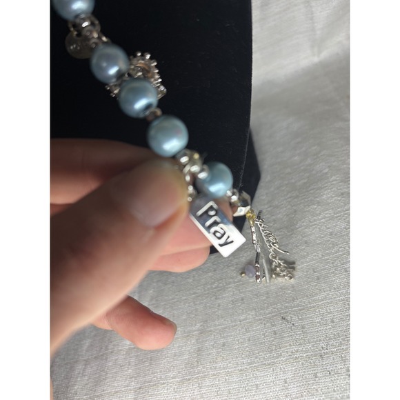 Blue Pearl Religious Rosary Necklace Charm Accents Mother Pray Crown Cross Angel - Picture 5 of 10